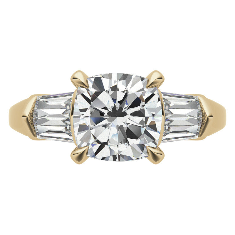 Cushion and Baguette Moissanite Engagement Ring with Prong Pave Accents