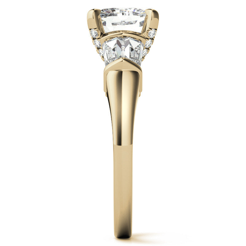 Cushion and Baguette Moissanite Engagement Ring with Prong Pave Accents