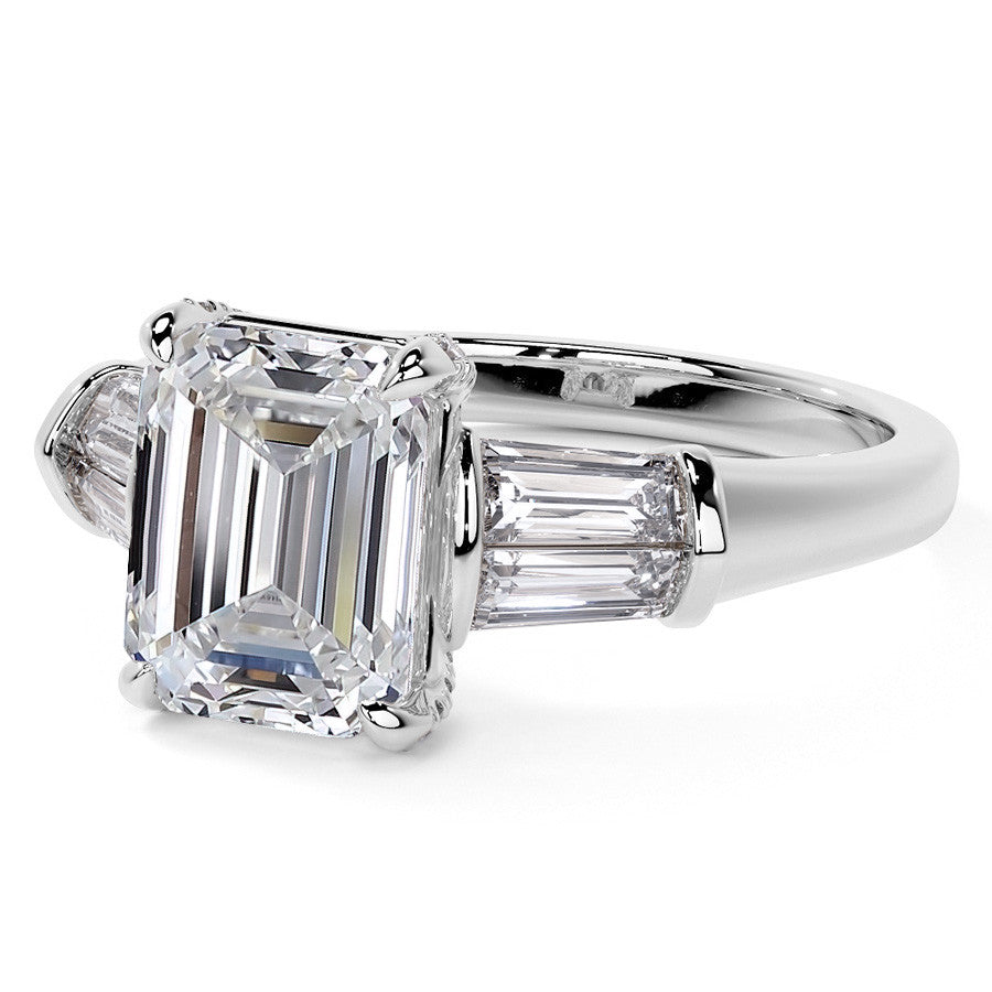 Emerald / Radiant and Baguette Moissanite Engagement Ring