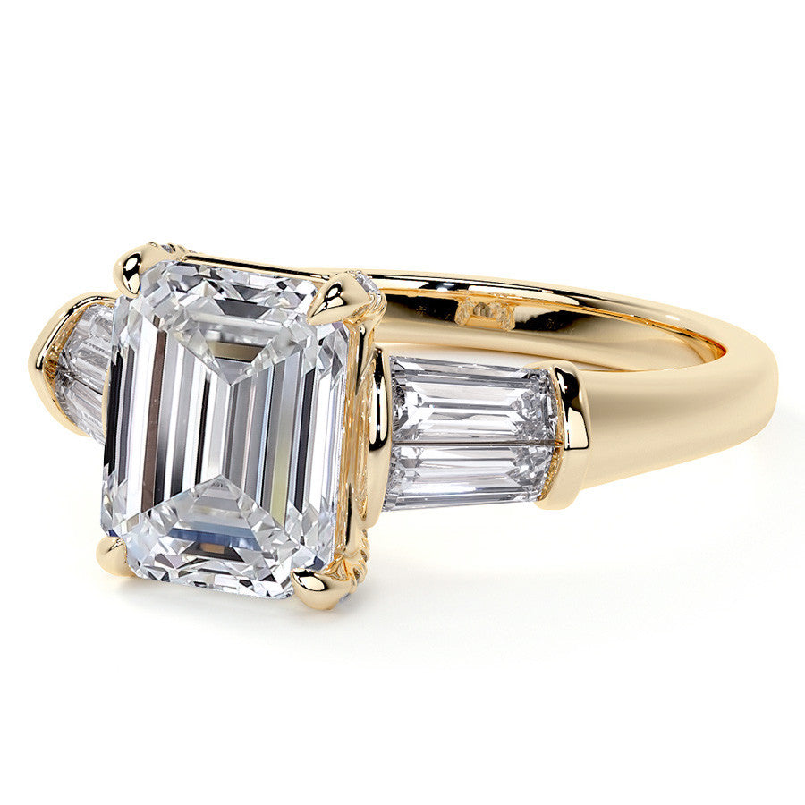 Emerald / Radiant and Baguette Moissanite Engagement Ring