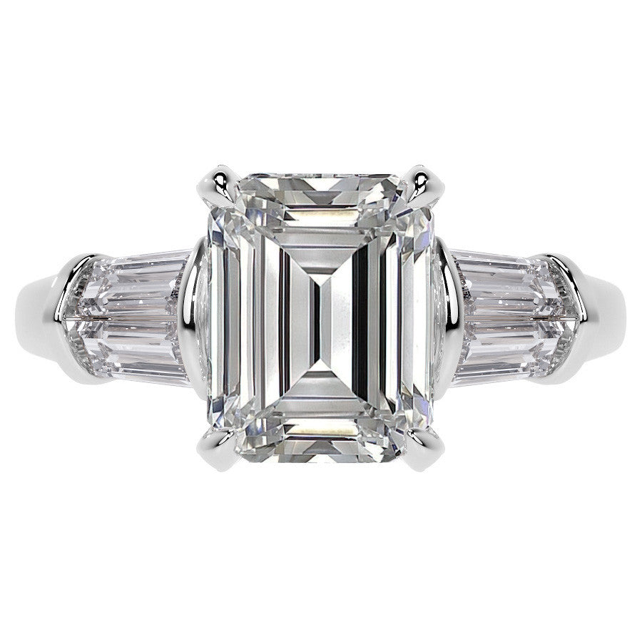 Emerald / Radiant and Baguette Moissanite Engagement Ring