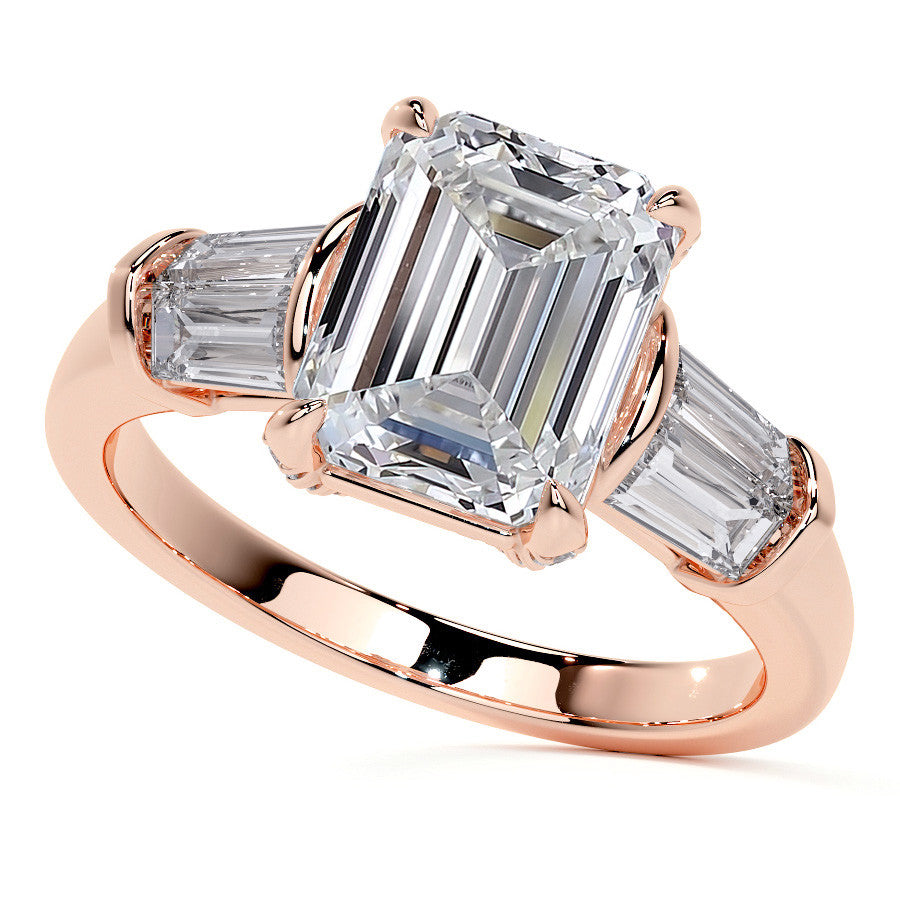 Emerald / Radiant and Baguette Moissanite Engagement Ring