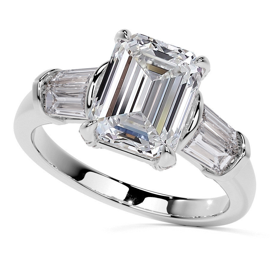Emerald / Radiant and Baguette Moissanite Engagement Ring