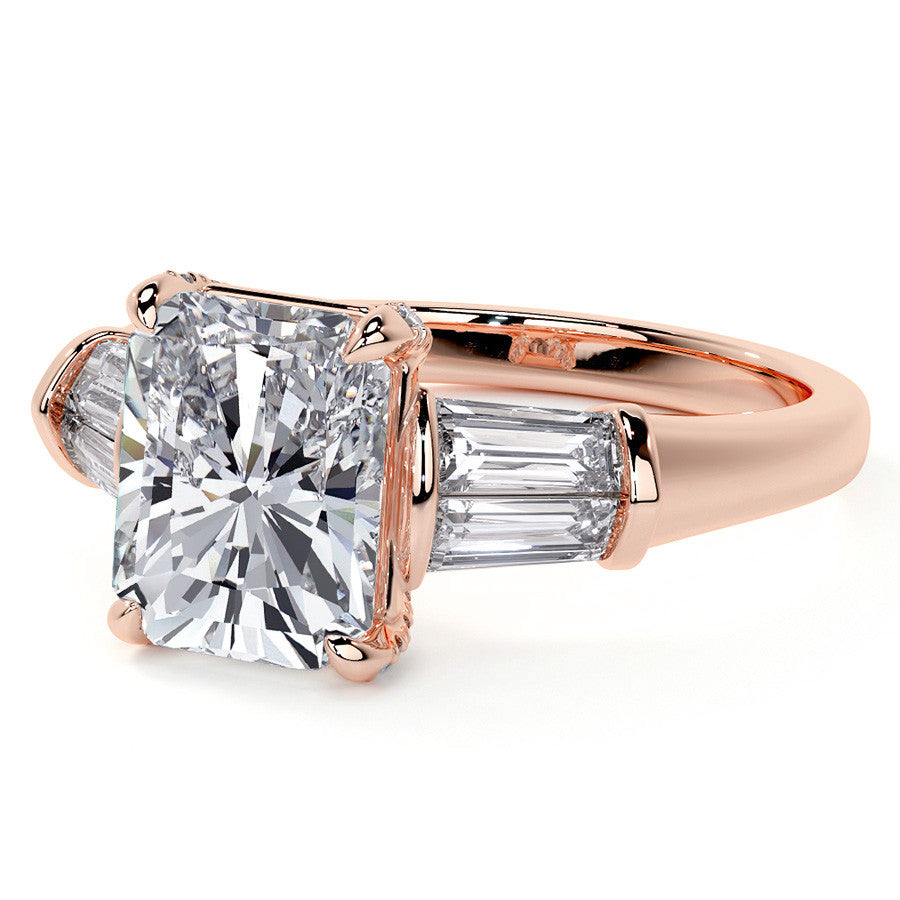 Emerald / Radiant and Baguette Moissanite Engagement Ring