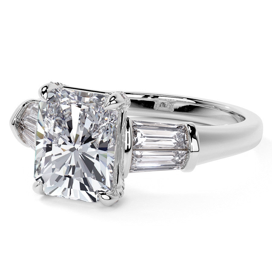 Emerald / Radiant and Baguette Moissanite Engagement Ring