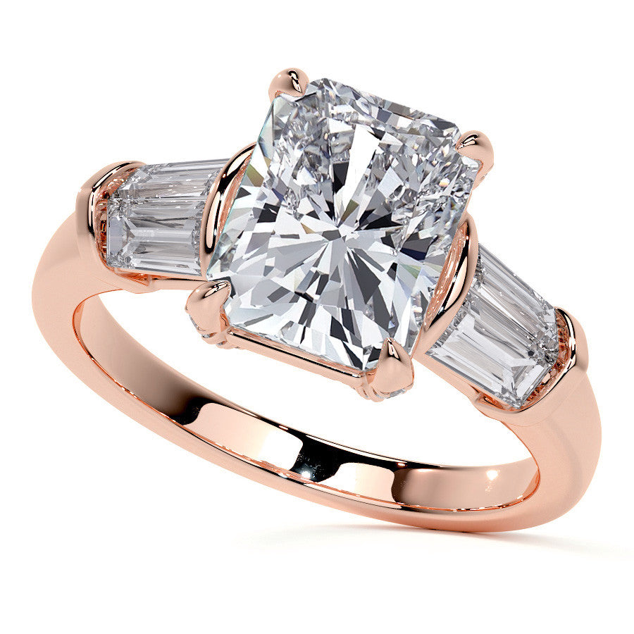 Emerald / Radiant and Baguette Moissanite Engagement Ring