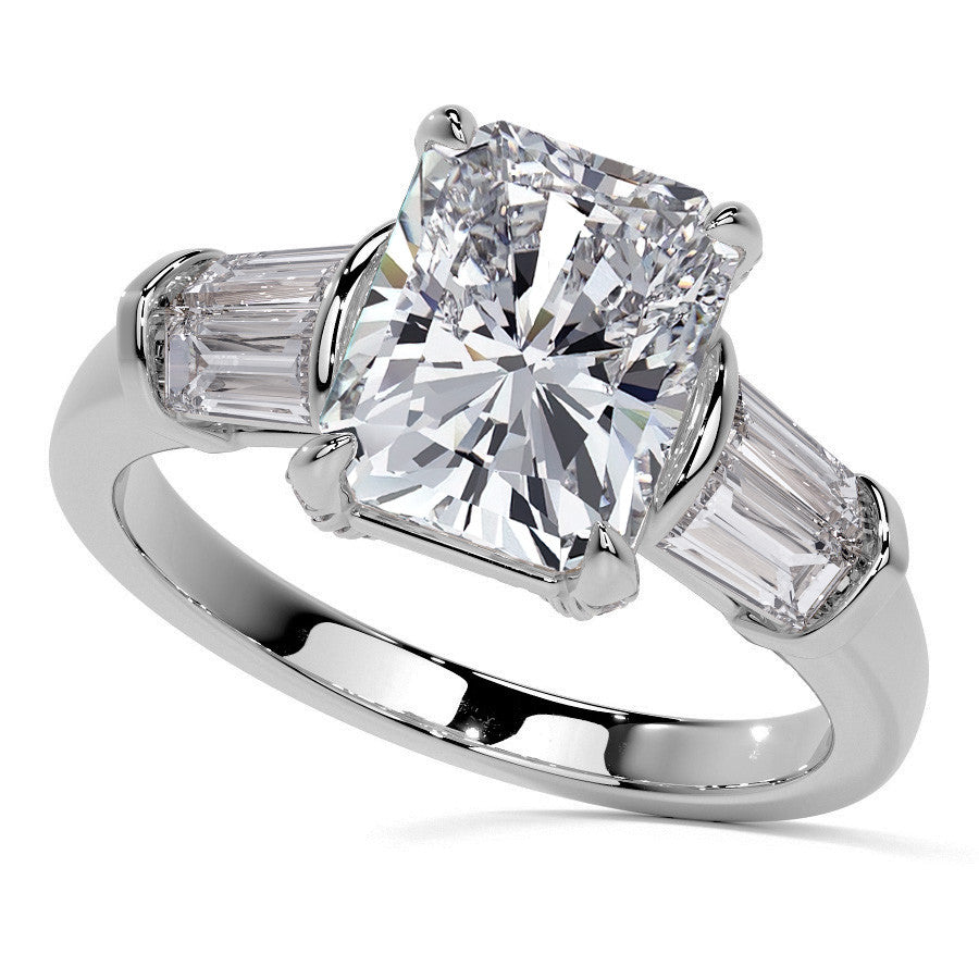 Emerald / Radiant and Baguette Moissanite Engagement Ring