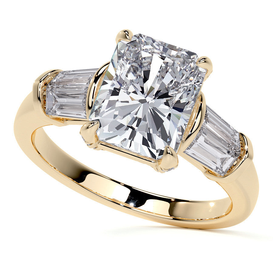 Emerald / Radiant and Baguette Moissanite Engagement Ring