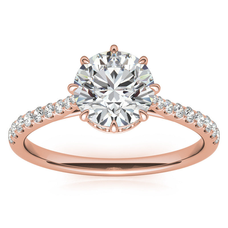 Round Brilliant Moissanite 8 Prong Engagement Ring with Scroll Accents and Hidden Halo
