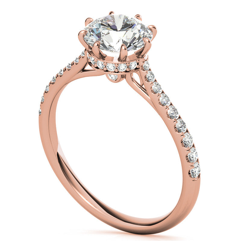Round Brilliant Moissanite 8 Prong Engagement Ring with Scroll Accents and Hidden Halo