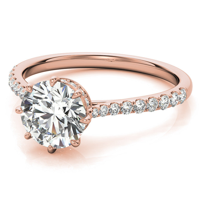 Round Brilliant Moissanite 8 Prong Engagement Ring with Scroll Accents and Hidden Halo