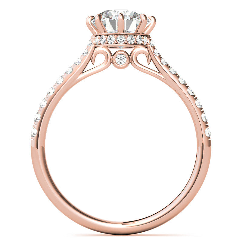 Round Brilliant Moissanite 8 Prong Engagement Ring with Scroll Accents and Hidden Halo
