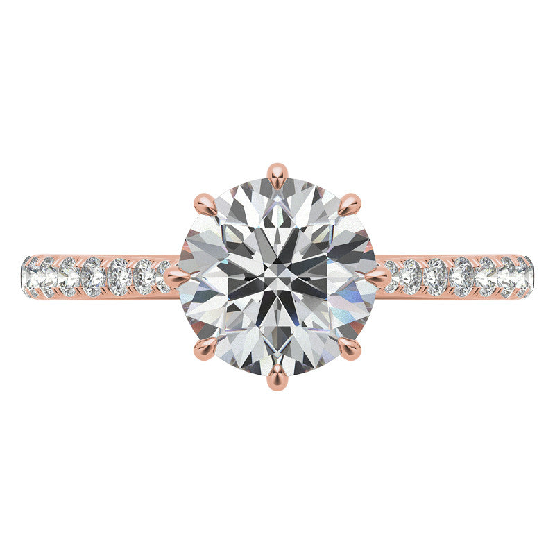 Round Brilliant Moissanite 8 Prong Engagement Ring with Scroll Accents and Hidden Halo