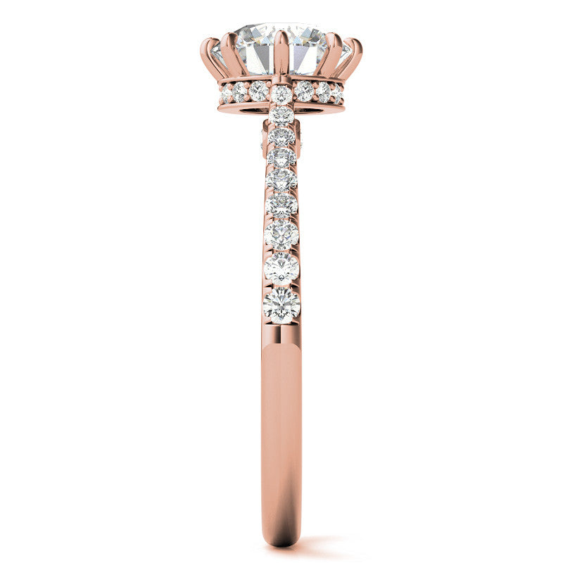 Round Brilliant Moissanite 8 Prong Engagement Ring with Scroll Accents and Hidden Halo