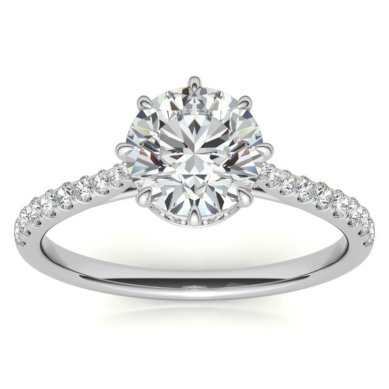 Round Brilliant Moissanite 8 Prong Engagement Ring with Scroll Accents and Hidden Halo