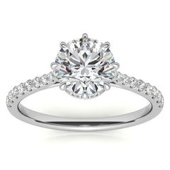 Round Brilliant Moissanite 8 Prong Engagement Ring with Scroll Accents and Hidden Halo