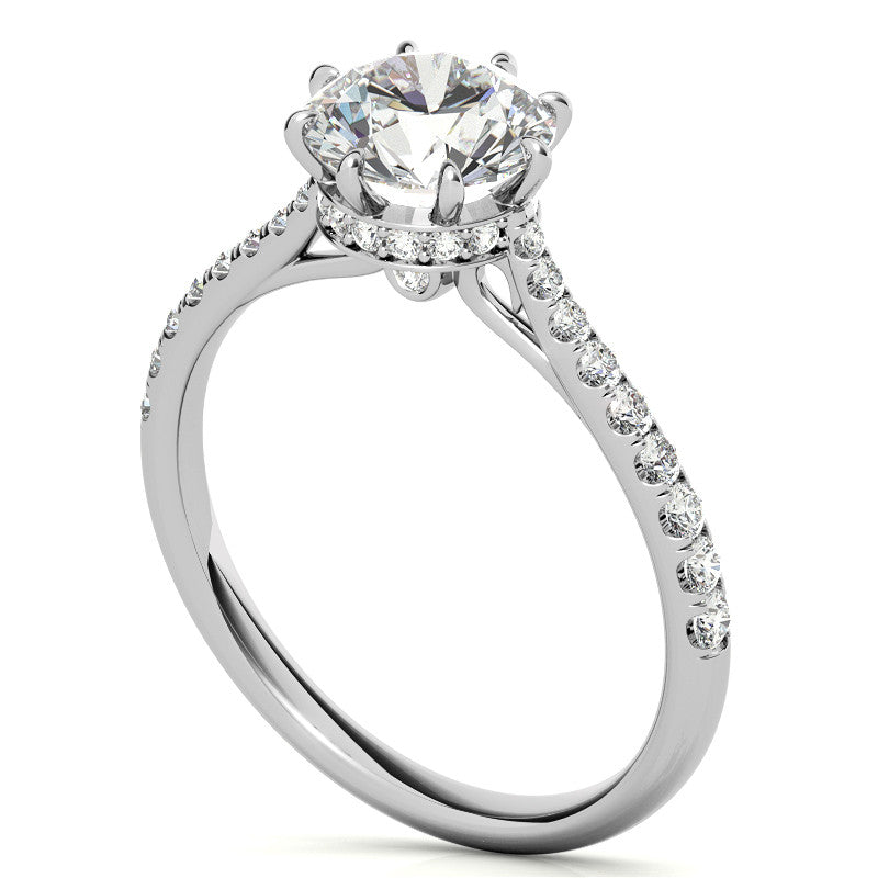 Round Brilliant Moissanite 8 Prong Engagement Ring with Scroll Accents and Hidden Halo