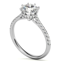 Round Brilliant Moissanite 8 Prong Engagement Ring with Scroll Accents and Hidden Halo