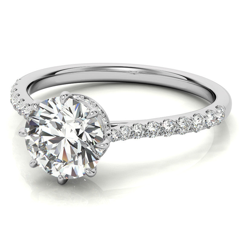 Round Brilliant Moissanite 8 Prong Engagement Ring with Scroll Accents and Hidden Halo