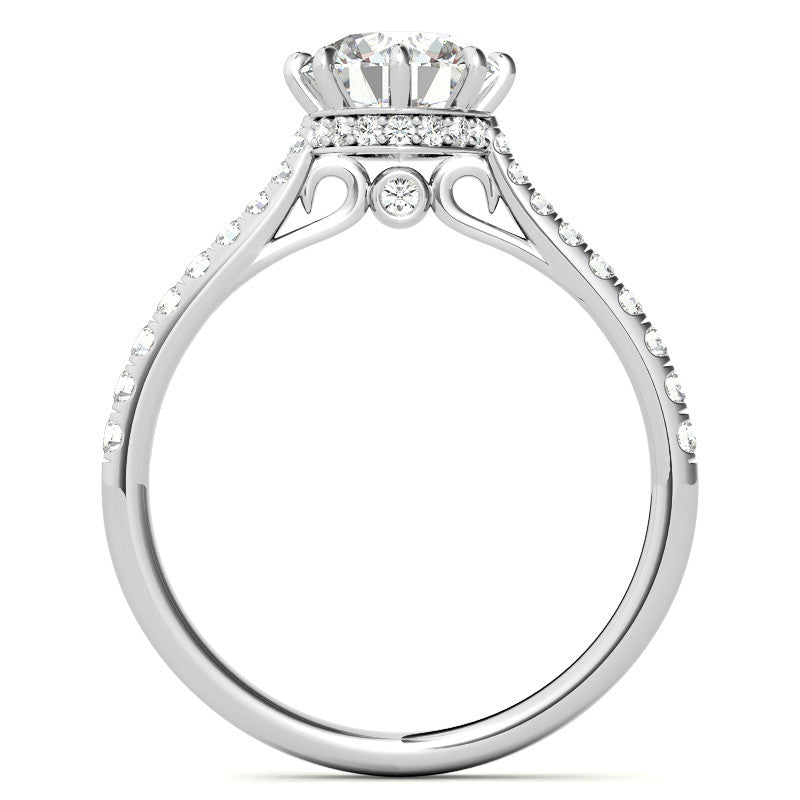 Round Brilliant Moissanite 8 Prong Engagement Ring with Scroll Accents and Hidden Halo