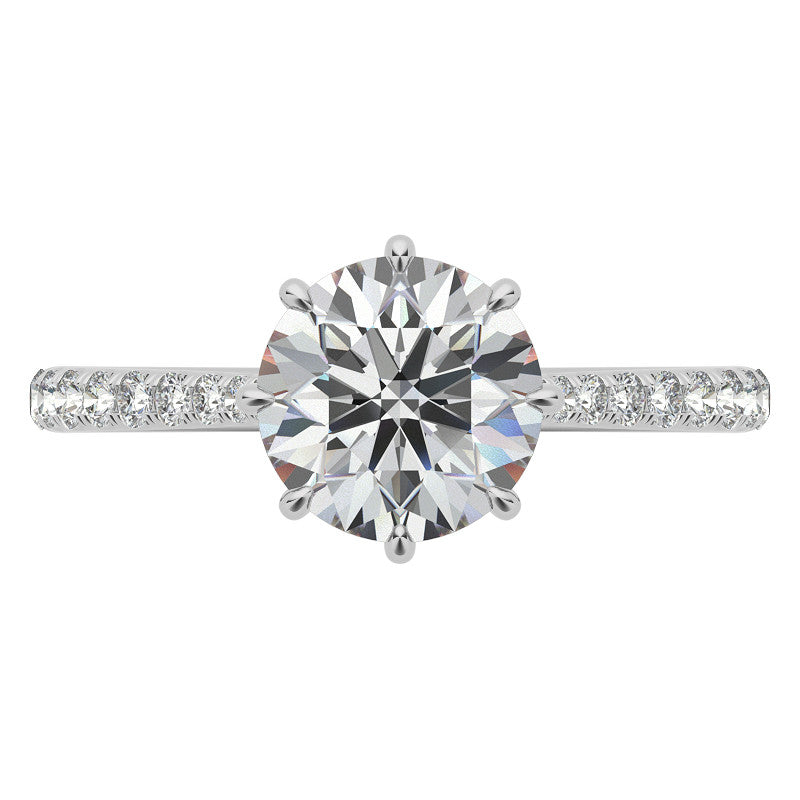 Round Brilliant Moissanite 8 Prong Engagement Ring with Scroll Accents and Hidden Halo