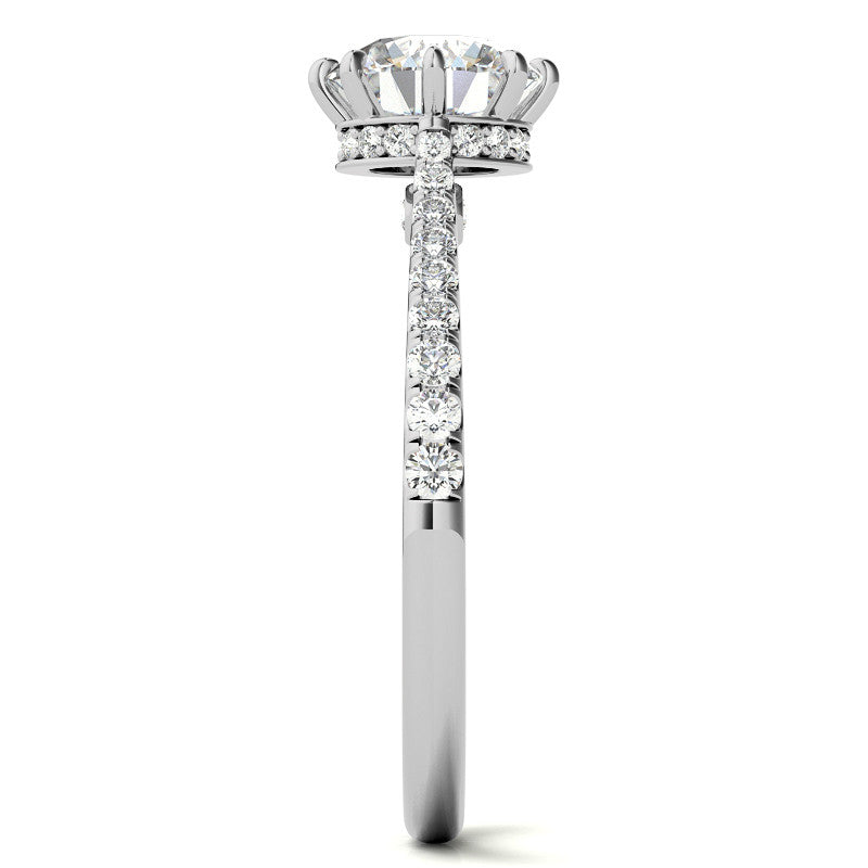Round Brilliant Moissanite 8 Prong Engagement Ring with Scroll Accents and Hidden Halo