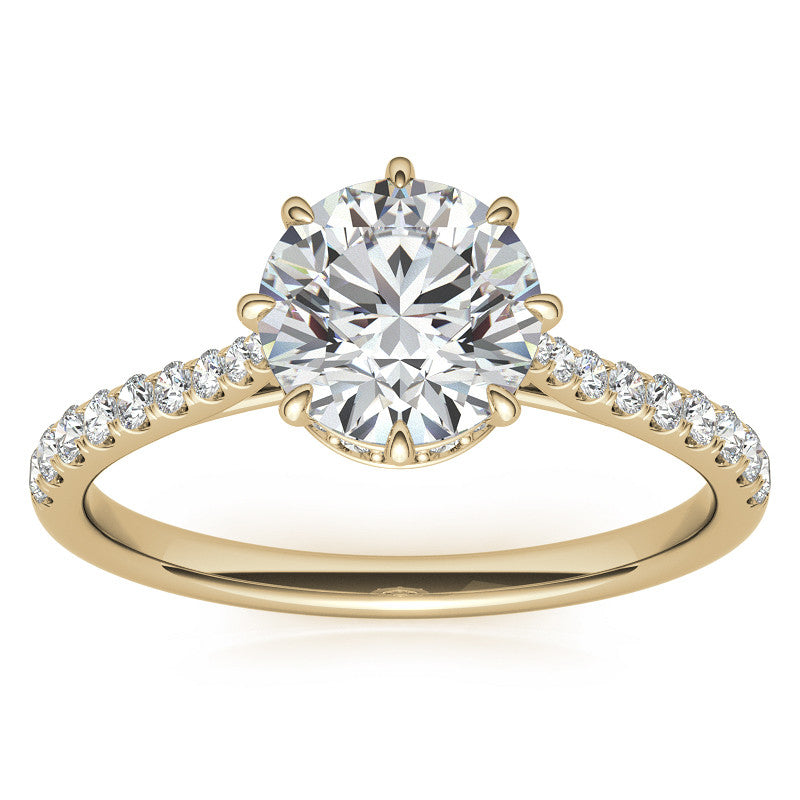 Round Brilliant Moissanite 8 Prong Engagement Ring with Scroll Accents and Hidden Halo