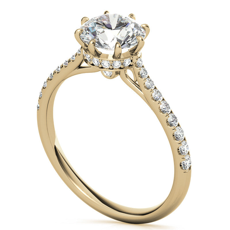Round Brilliant Moissanite 8 Prong Engagement Ring with Scroll Accents and Hidden Halo