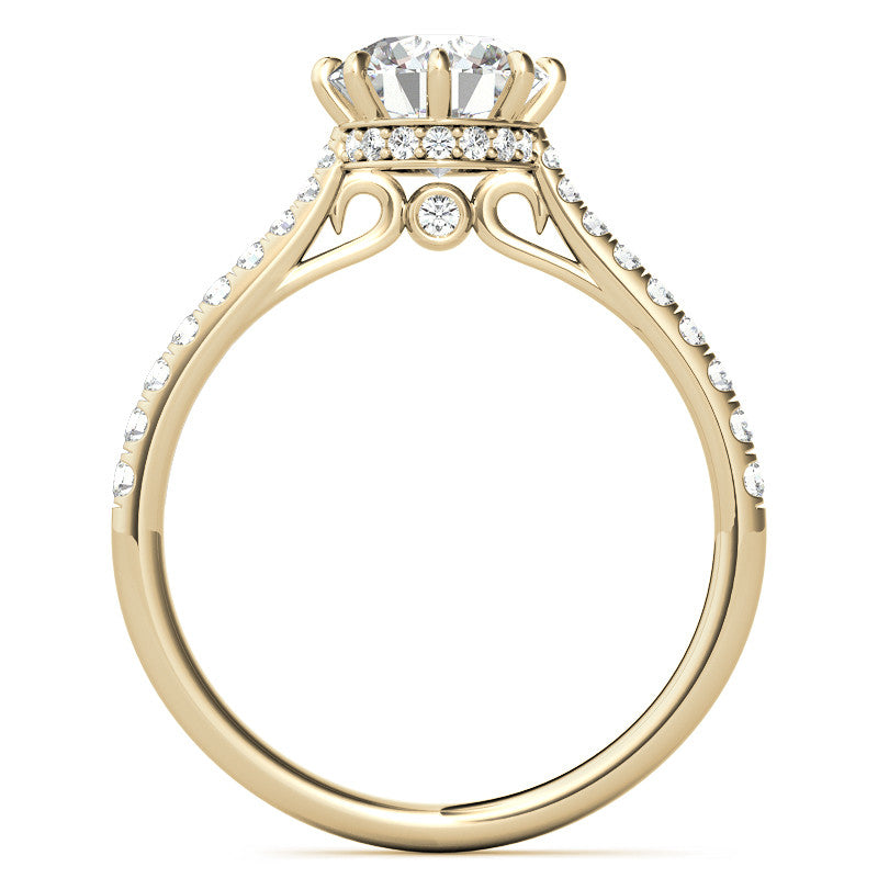 Round Brilliant Moissanite 8 Prong Engagement Ring with Scroll Accents and Hidden Halo