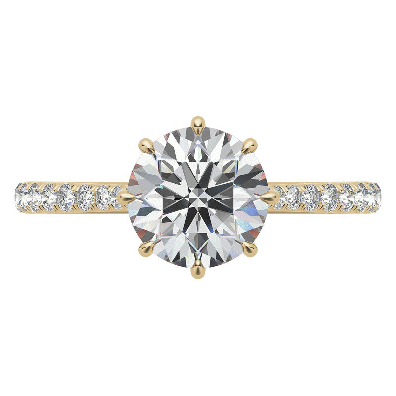Round Brilliant Moissanite 8 Prong Engagement Ring with Scroll Accents and Hidden Halo