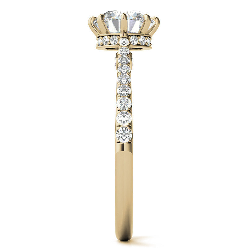 Round Brilliant Moissanite 8 Prong Engagement Ring with Scroll Accents and Hidden Halo