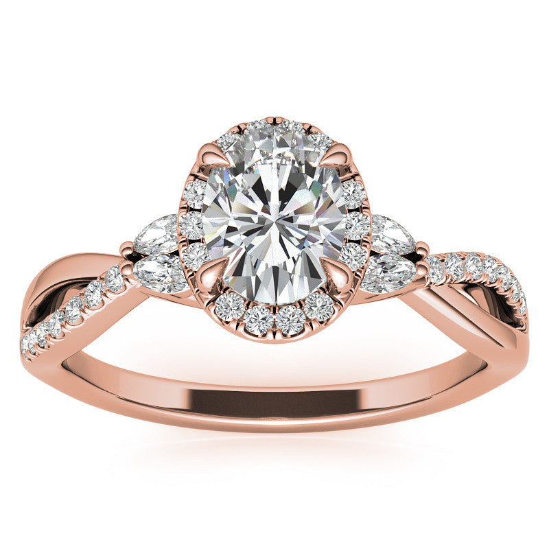 Oval Moissanite Halo Ring With Marquise Accents and Split Shank Style Band