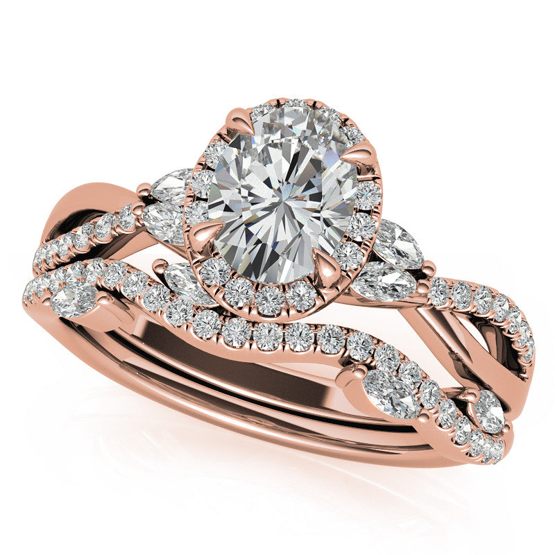 Oval Moissanite Halo Ring With Marquise Accents and Split Shank Style Band