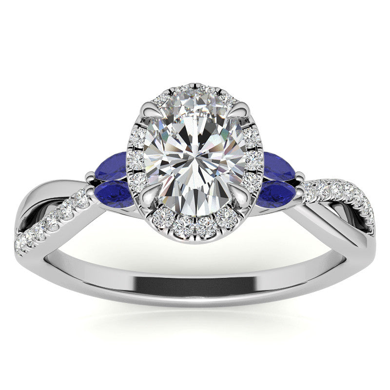 Oval Moissanite Halo Ring With Marquise Accents and Split Shank Style Band