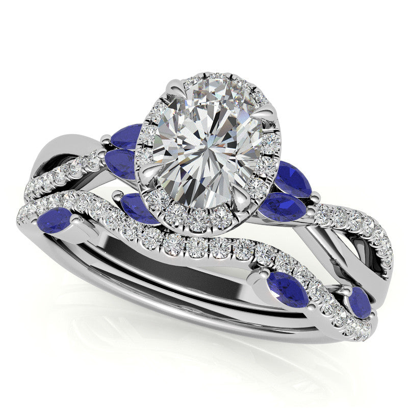 Oval Moissanite Halo Ring With Marquise Accents and Split Shank Style Band