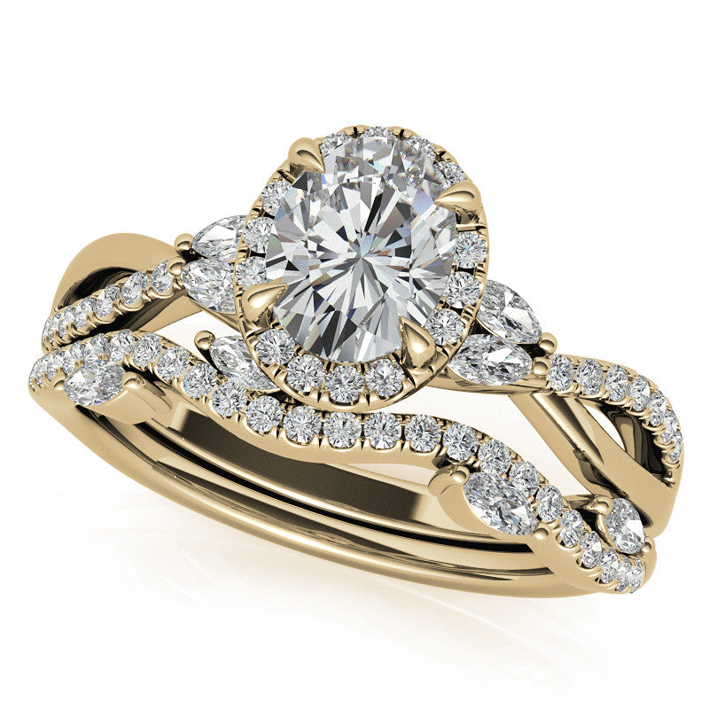 Oval Moissanite Halo Ring With Marquise Accents and Split Shank Style Band