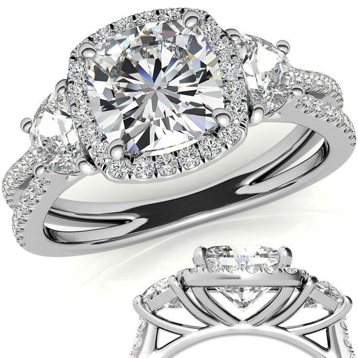 Cushion Moissanite Halo Engagement Ring with Halfmoon Accents and Split Shank Band