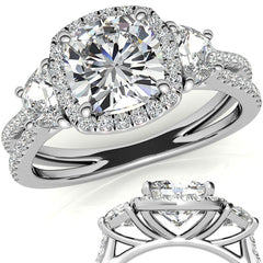 Cushion Moissanite Halo Engagement Ring with Halfmoon Accents and Split Shank Band