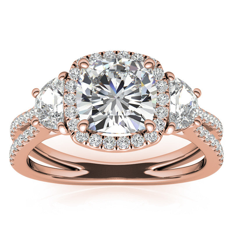 Cushion Moissanite Halo Engagement Ring with Halfmoon Accents and Split Shank Band