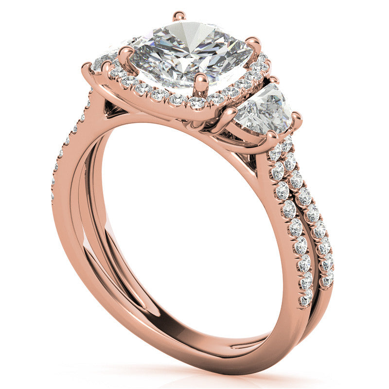Cushion Moissanite Halo Engagement Ring with Halfmoon Accents and Split Shank Band