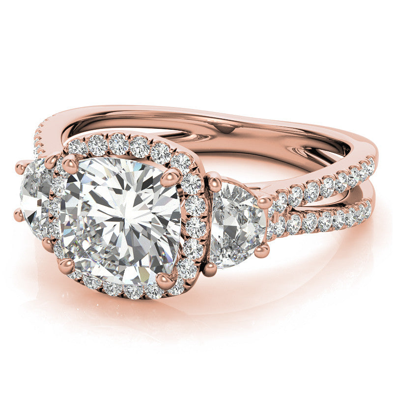 Cushion Moissanite Halo Engagement Ring with Halfmoon Accents and Split Shank Band