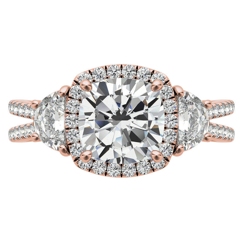 Cushion Moissanite Halo Engagement Ring with Halfmoon Accents and Split Shank Band