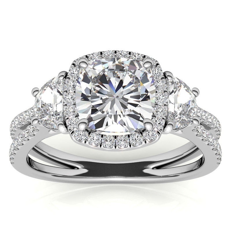 Cushion Moissanite Halo Engagement Ring with Halfmoon Accents and Split Shank Band