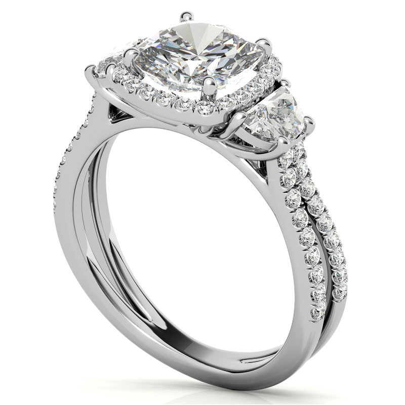 Cushion Moissanite Halo Engagement Ring with Halfmoon Accents and Split Shank Band
