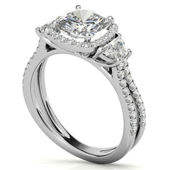 Cushion Moissanite Halo Engagement Ring with Halfmoon Accents and Split Shank Band