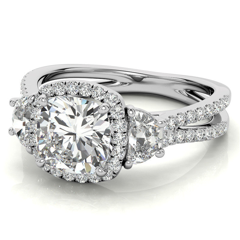 Cushion Moissanite Halo Engagement Ring with Halfmoon Accents and Split Shank Band