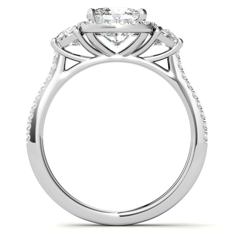 Cushion Moissanite Halo Engagement Ring with Halfmoon Accents and Split Shank Band