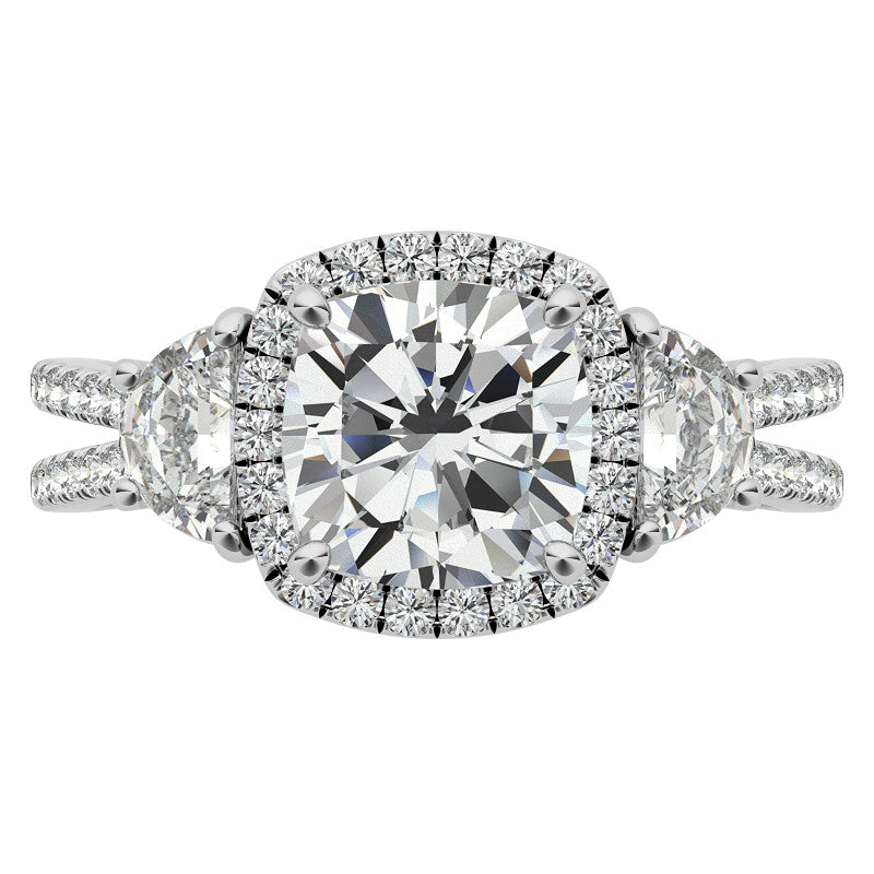 Cushion Moissanite Halo Engagement Ring with Halfmoon Accents and Split Shank Band