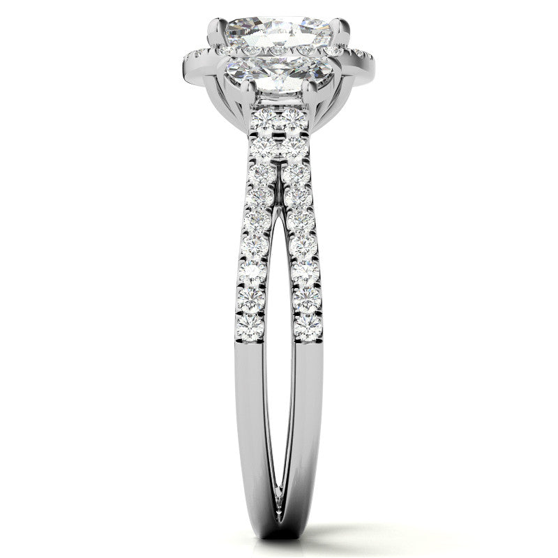 Cushion Moissanite Halo Engagement Ring with Halfmoon Accents and Split Shank Band