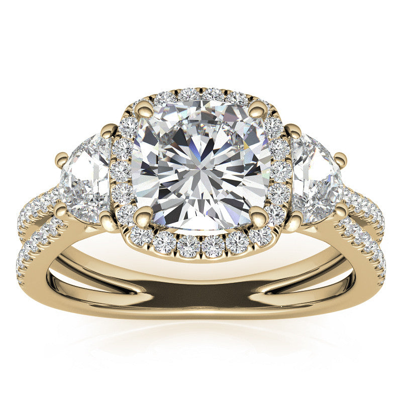 Cushion Moissanite Halo Engagement Ring with Halfmoon Accents and Split Shank Band